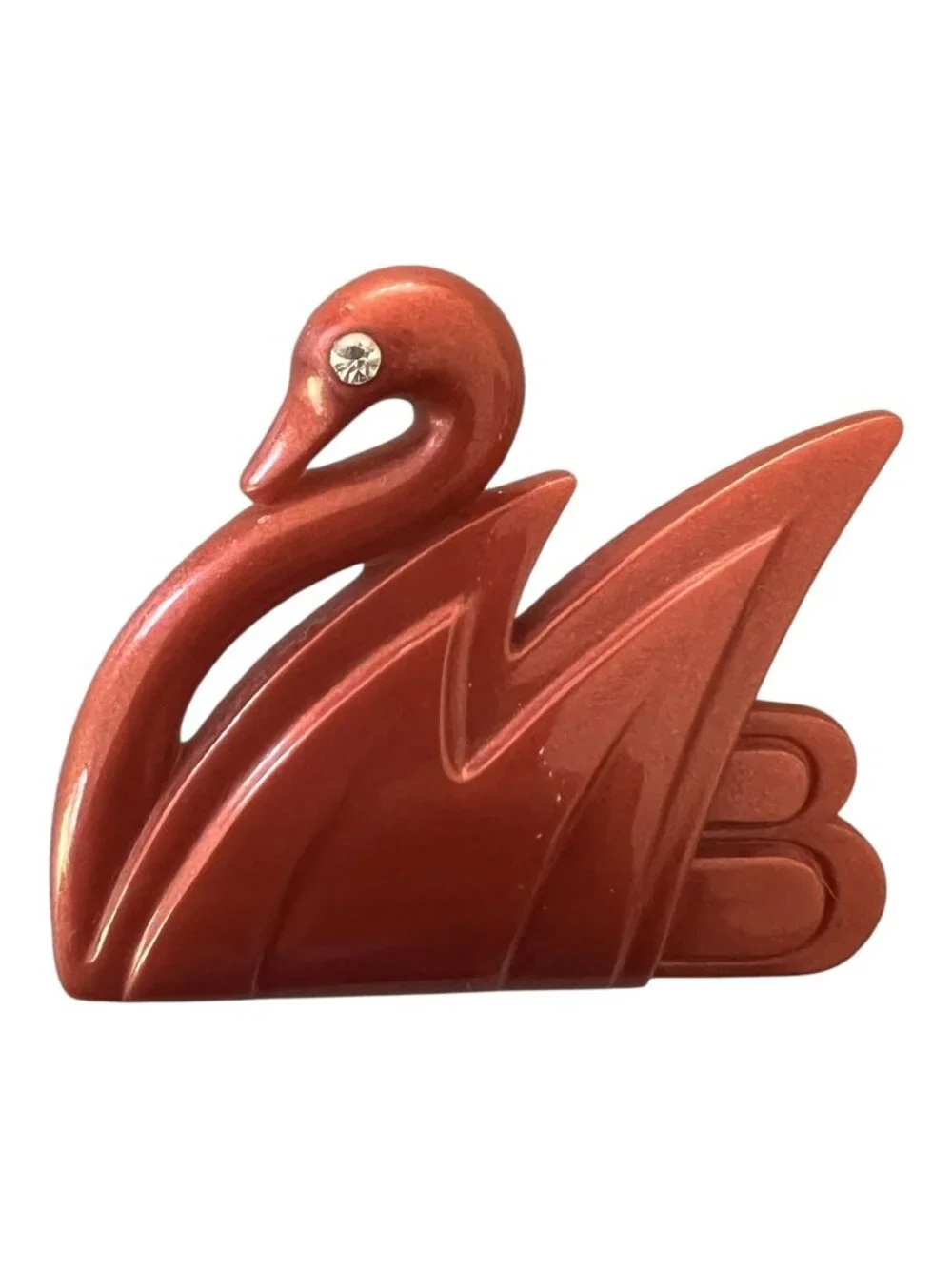 Vintage Arn-Art Denmark Swan Brooch, Metallic Copper Plastic & Rhinestone Pin